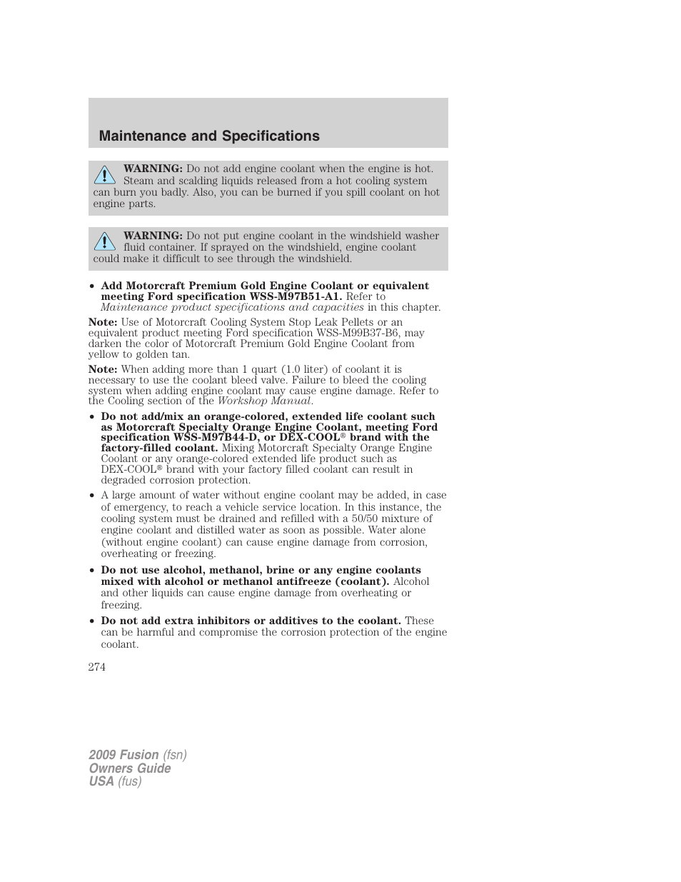 Maintenance and specifications | FORD 2009 Fusion v.1 User Manual | Page 274 / 312