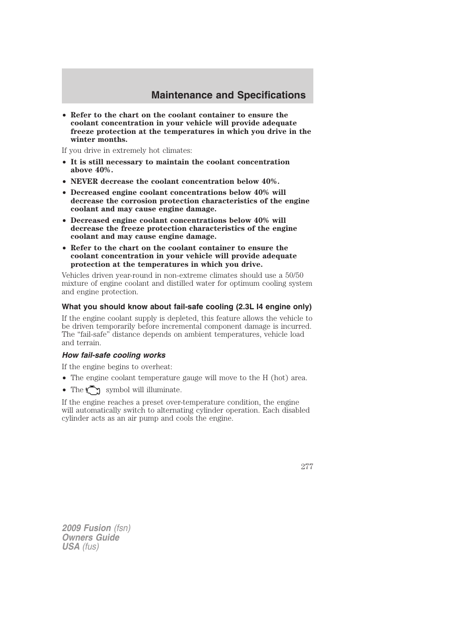 How fail-safe cooling works, Maintenance and specifications | FORD 2009 Fusion v.1 User Manual | Page 277 / 312