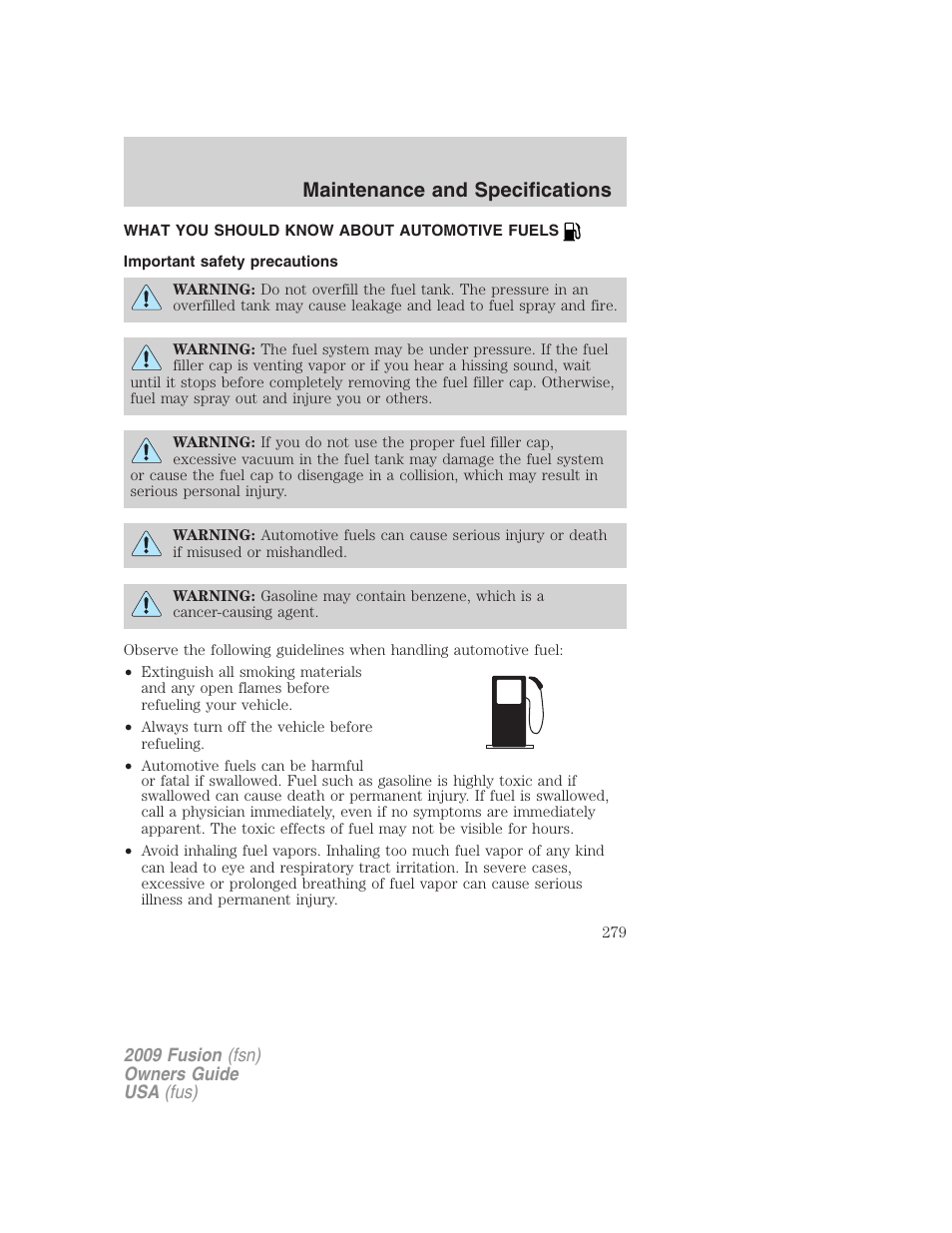 What you should know about automotive fuels, Important safety precautions, Fuel information | Maintenance and specifications | FORD 2009 Fusion v.1 User Manual | Page 279 / 312