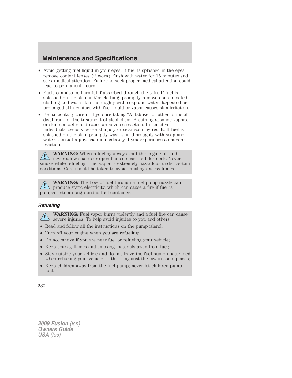 Refueling, Maintenance and specifications | FORD 2009 Fusion v.1 User Manual | Page 280 / 312