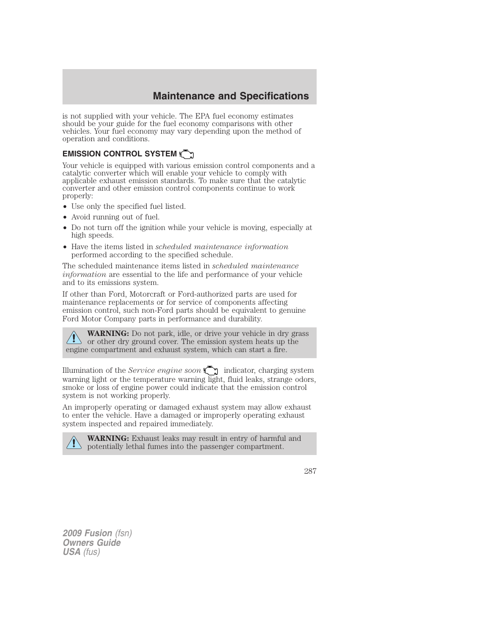 Emission control system, Maintenance and specifications | FORD 2009 Fusion v.1 User Manual | Page 287 / 312