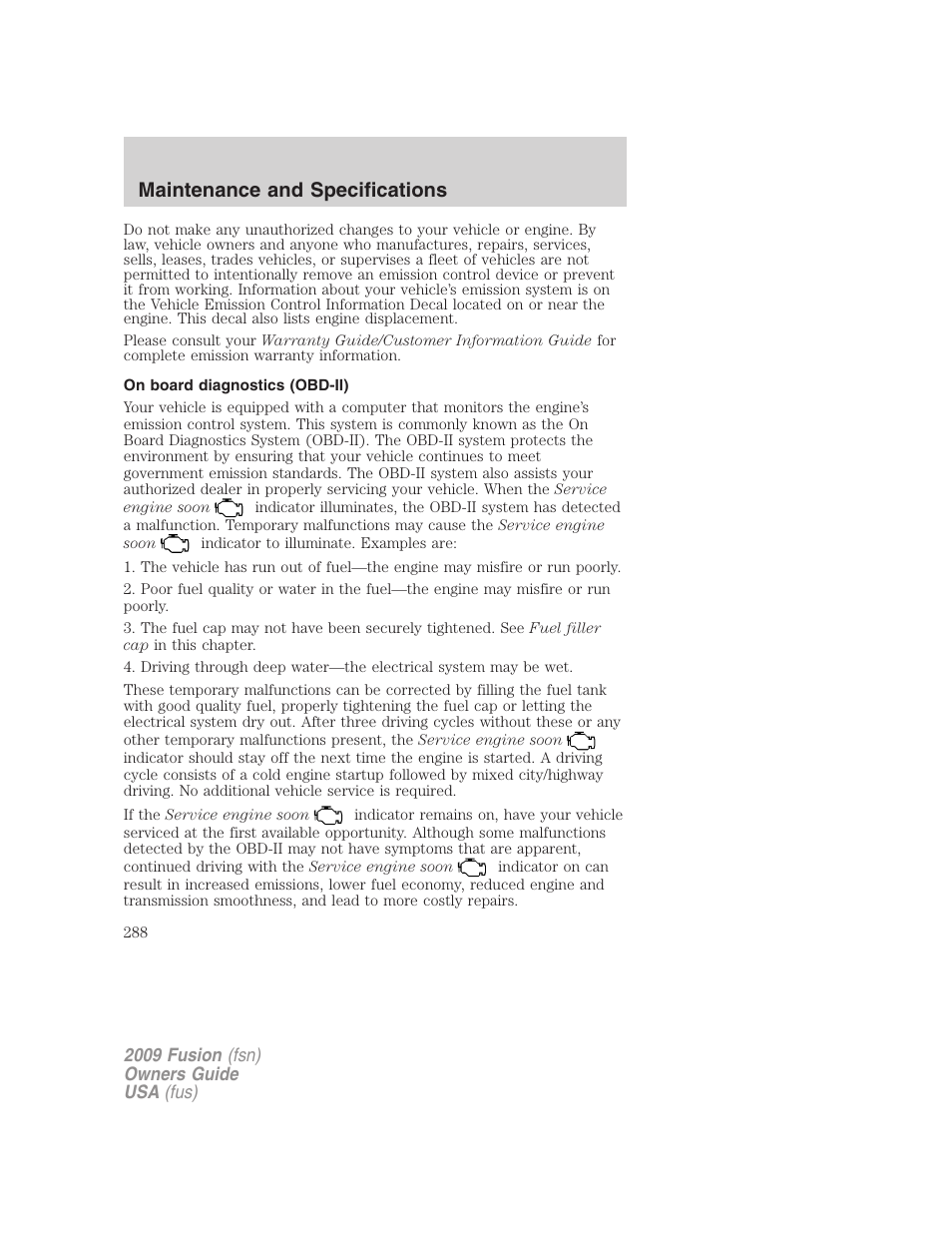 On board diagnostics (obd-ii), Maintenance and specifications | FORD 2009 Fusion v.1 User Manual | Page 288 / 312
