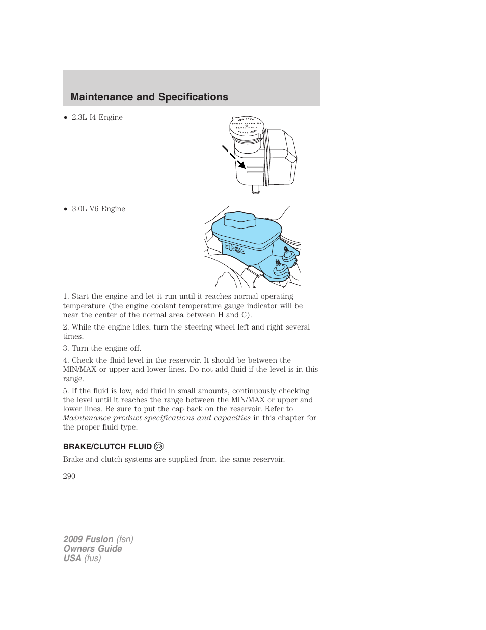 Brake/clutch fluid, Maintenance and specifications | FORD 2009 Fusion v.1 User Manual | Page 290 / 312