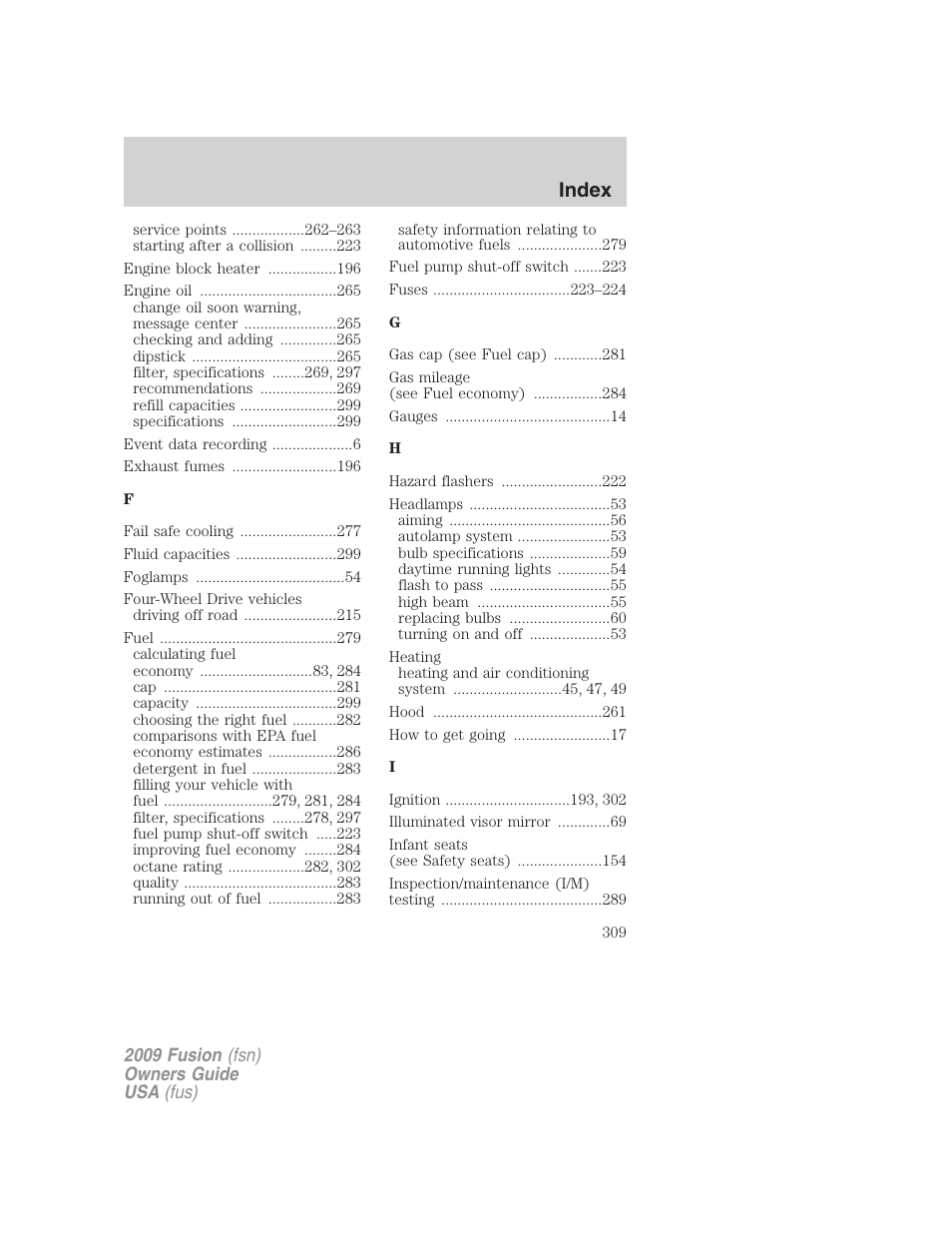 Index | FORD 2009 Fusion v.1 User Manual | Page 309 / 312