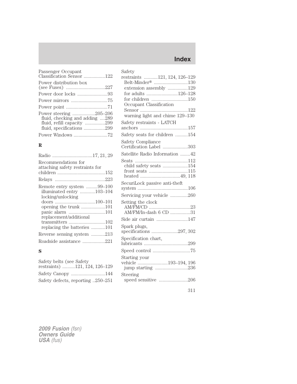 Index | FORD 2009 Fusion v.1 User Manual | Page 311 / 312