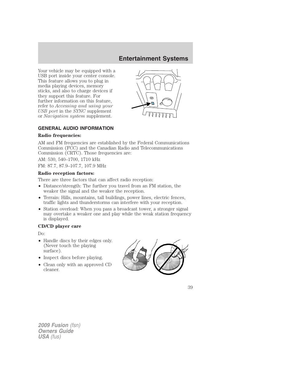 General audio information, Entertainment systems | FORD 2009 Fusion v.1 User Manual | Page 39 / 312