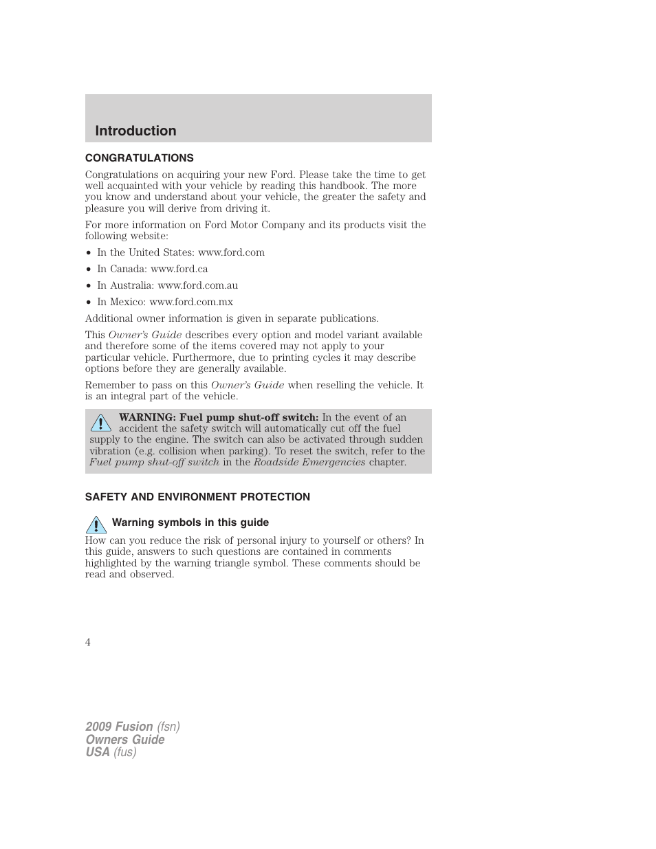 Introduction, Congratulations, Safety and environment protection | Warning symbols in this guide | FORD 2009 Fusion v.1 User Manual | Page 4 / 312