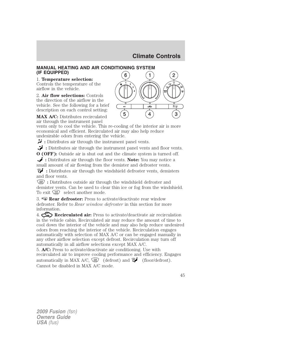 Climate controls, Manual heating and air conditioning | FORD 2009 Fusion v.1 User Manual | Page 45 / 312