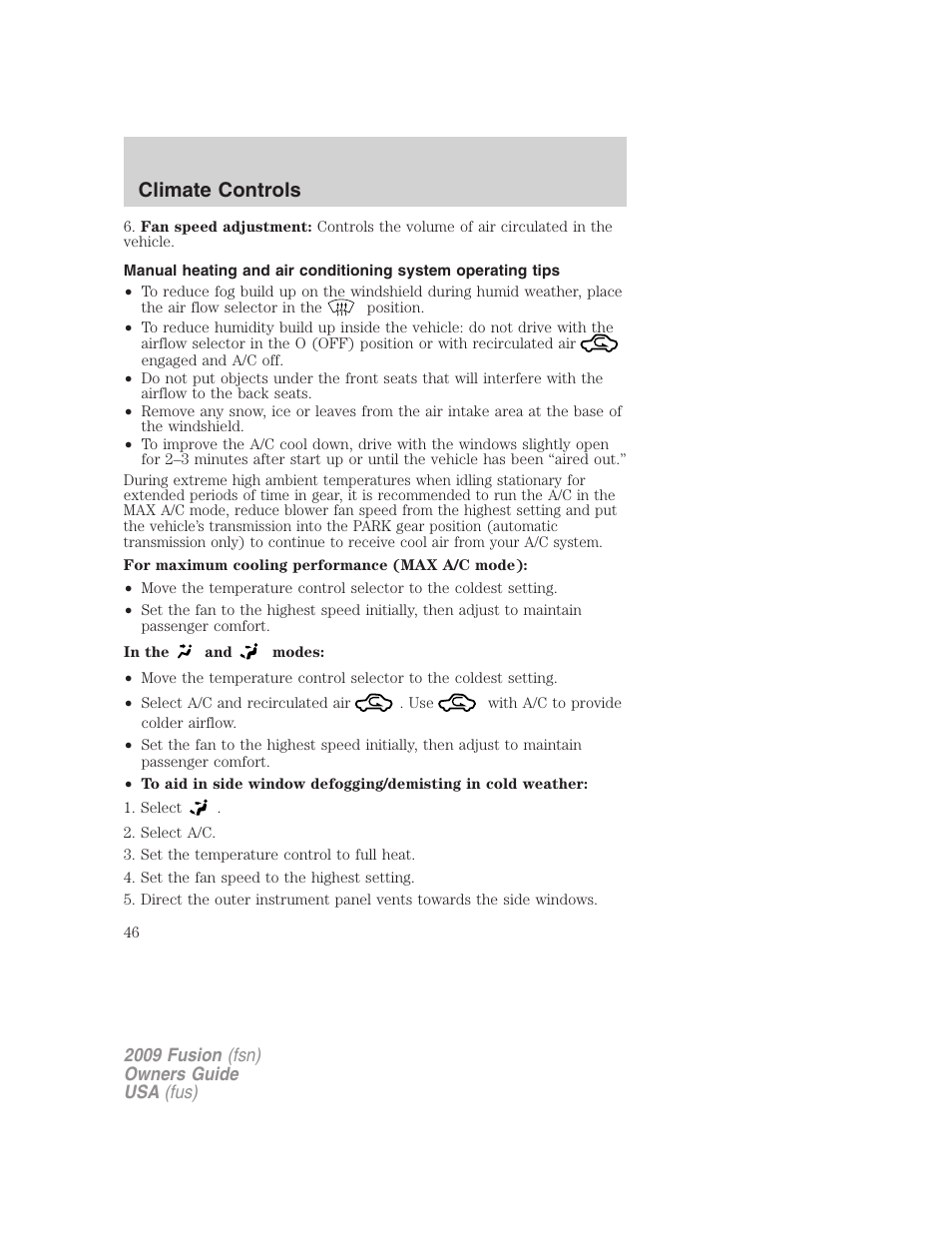 Climate controls | FORD 2009 Fusion v.1 User Manual | Page 46 / 312