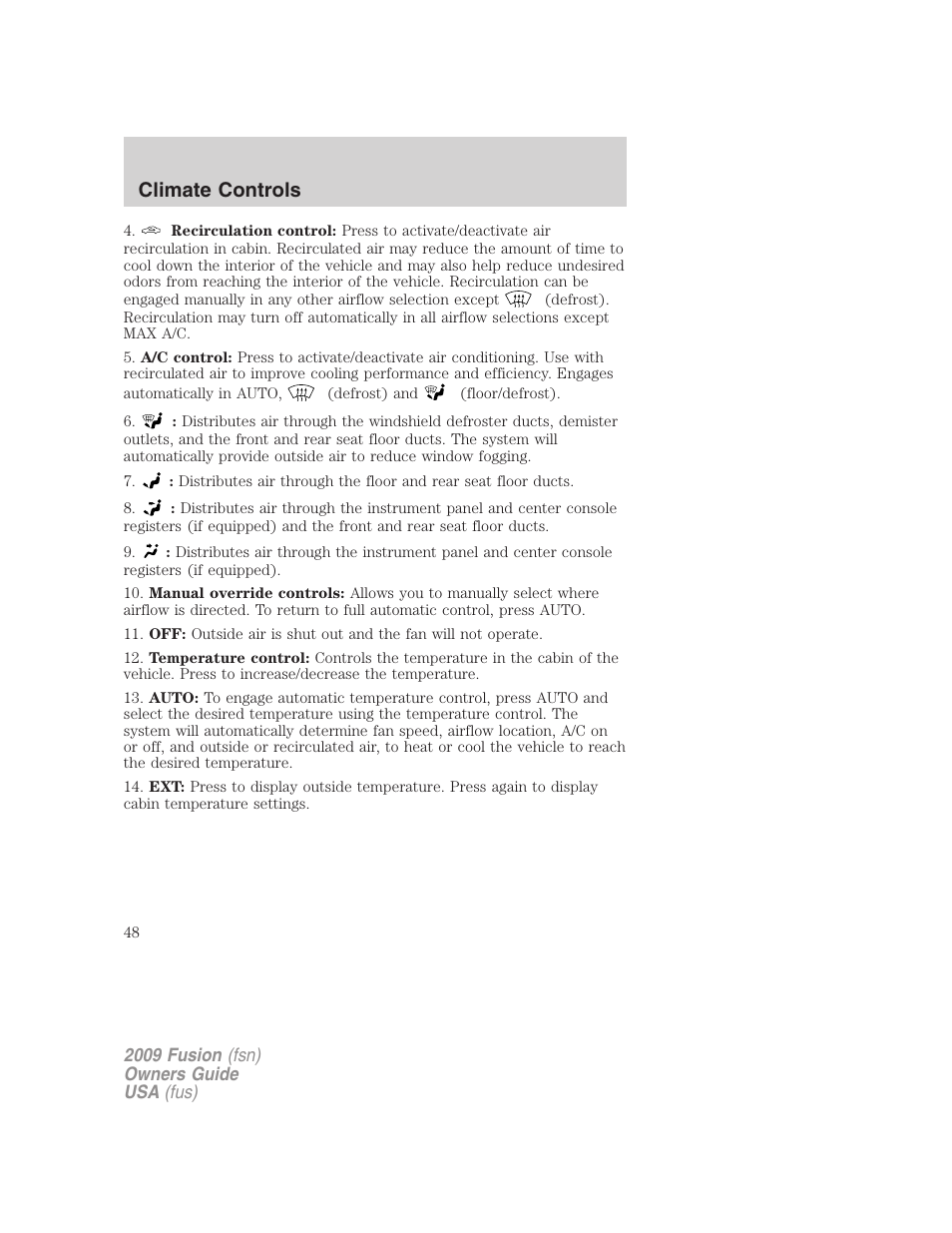 Climate controls | FORD 2009 Fusion v.1 User Manual | Page 48 / 312