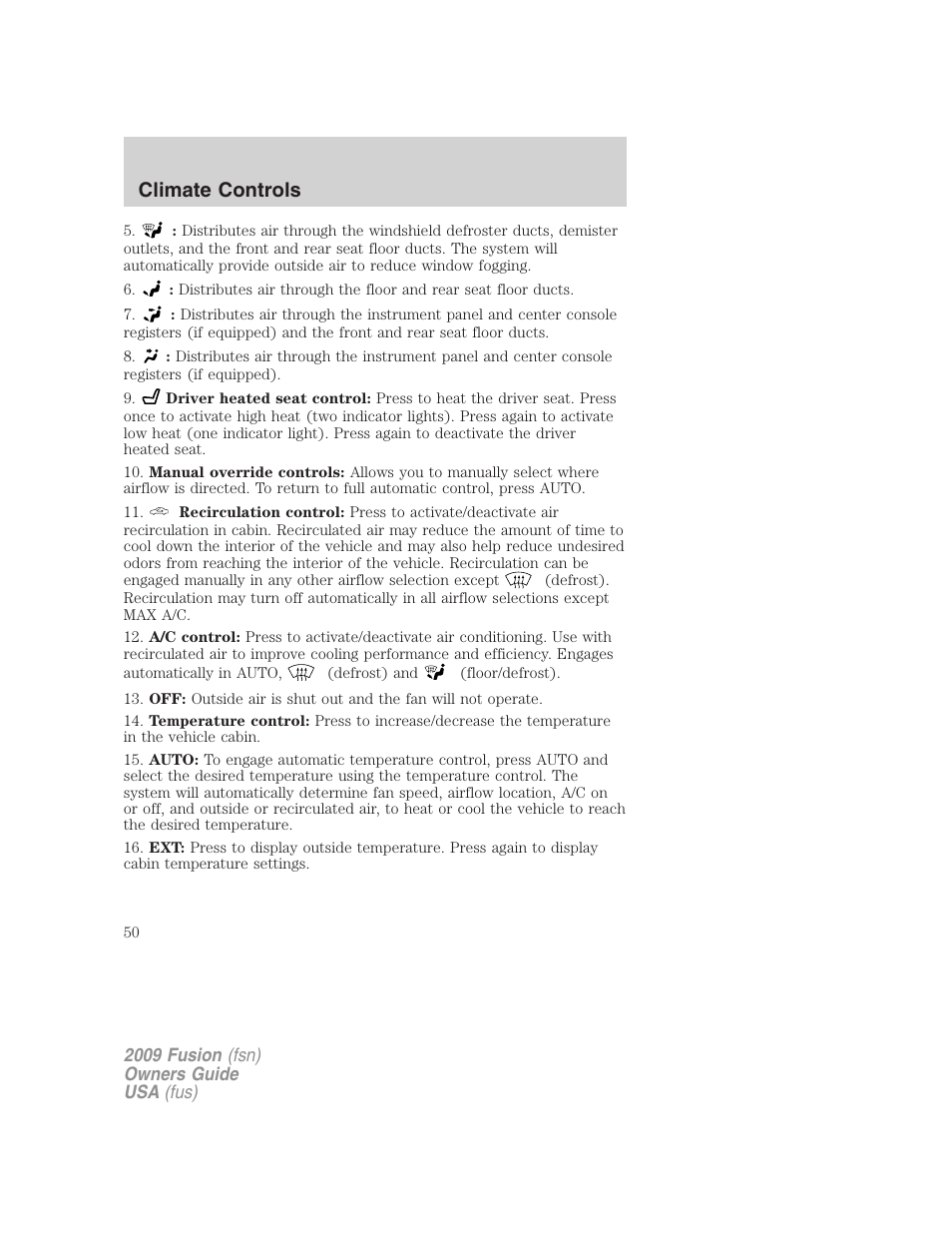 Climate controls | FORD 2009 Fusion v.1 User Manual | Page 50 / 312