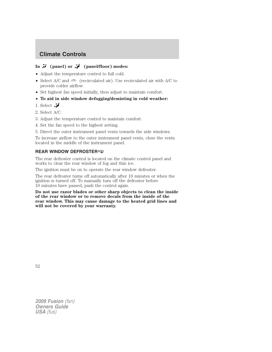 Rear window defroster, Climate controls | FORD 2009 Fusion v.1 User Manual | Page 52 / 312