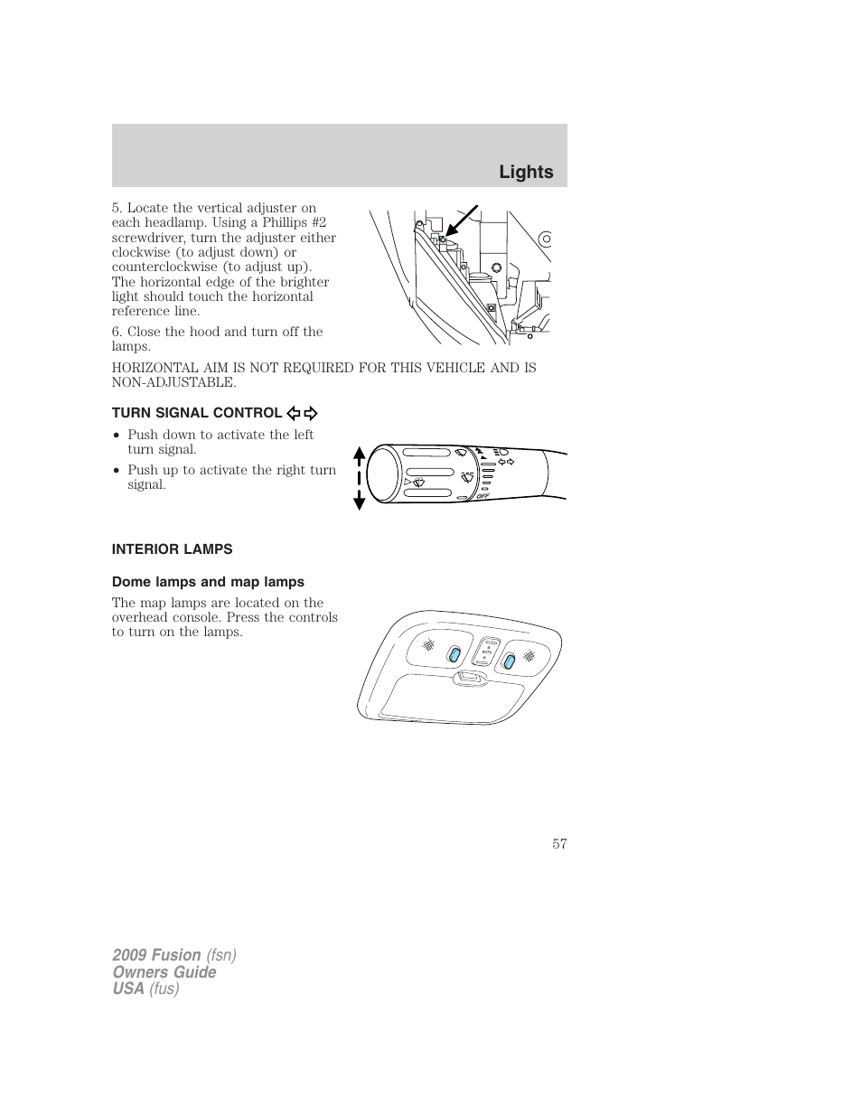 Turn signal control, Interior lamps, Dome lamps and map lamps | Lights | FORD 2009 Fusion v.1 User Manual | Page 57 / 312