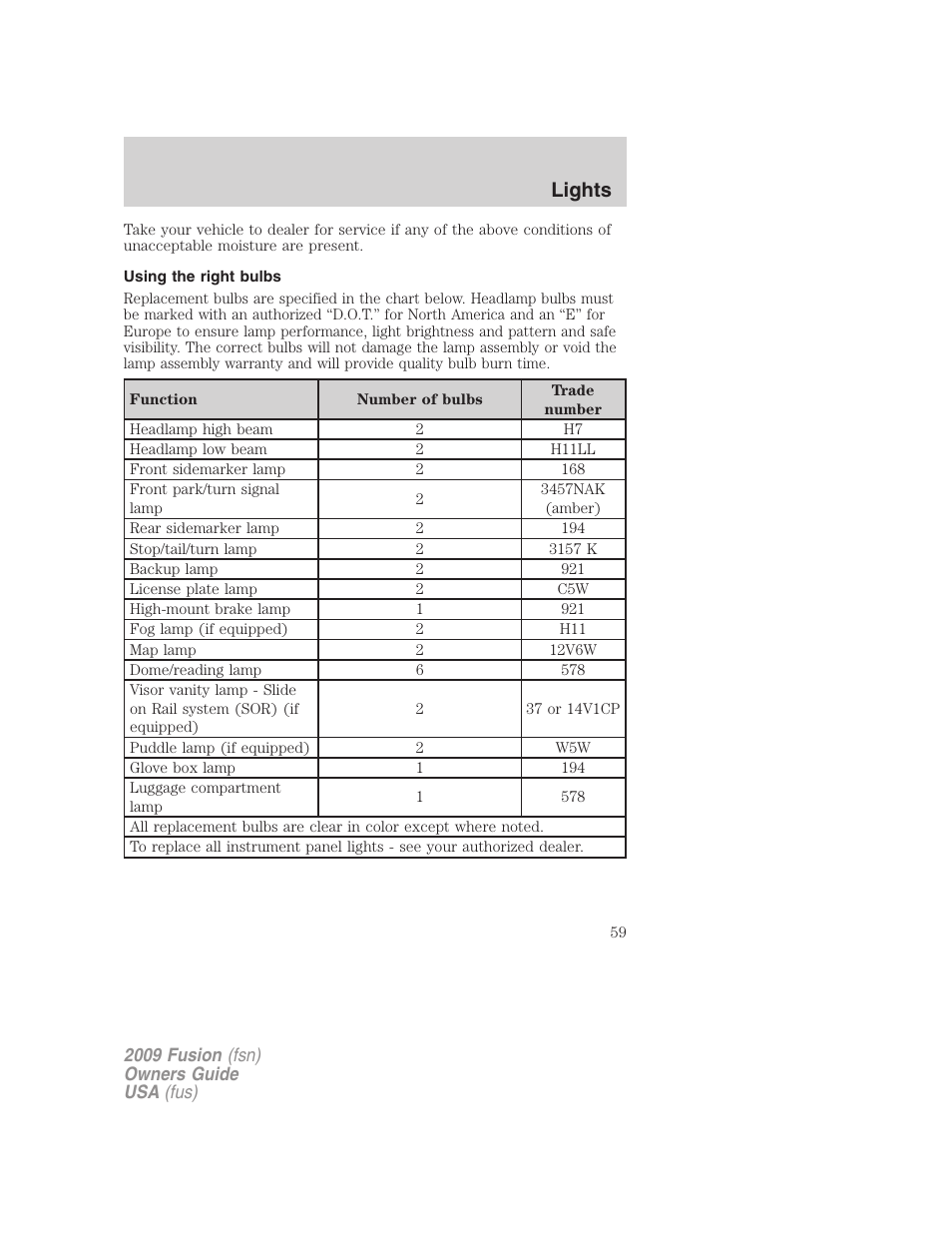 Using the right bulbs, Lights | FORD 2009 Fusion v.1 User Manual | Page 59 / 312