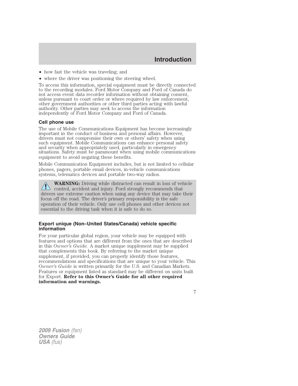 Cell phone use, Introduction | FORD 2009 Fusion v.1 User Manual | Page 7 / 312