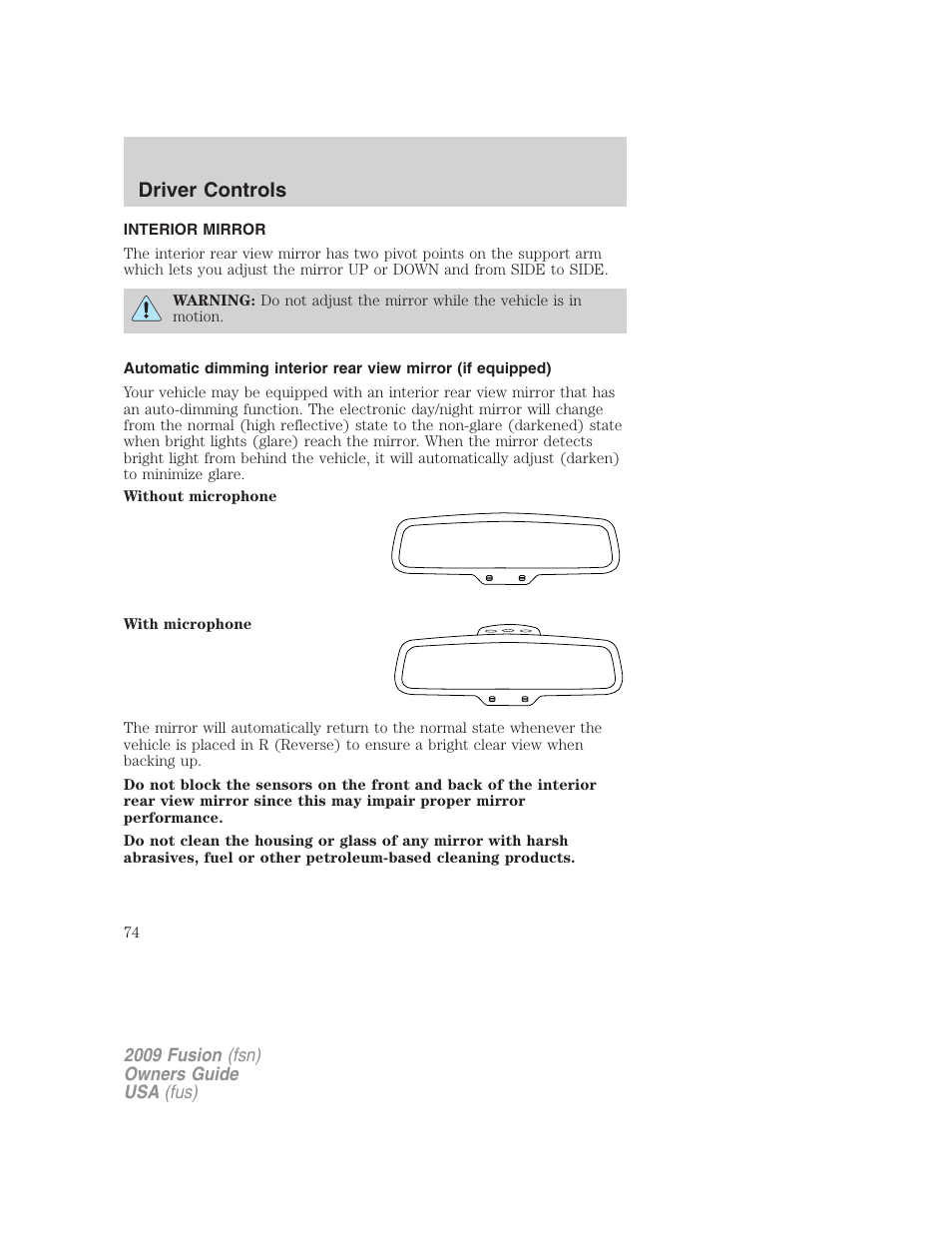 Interior mirror, Mirrors, Driver controls | FORD 2009 Fusion v.1 User Manual | Page 74 / 312
