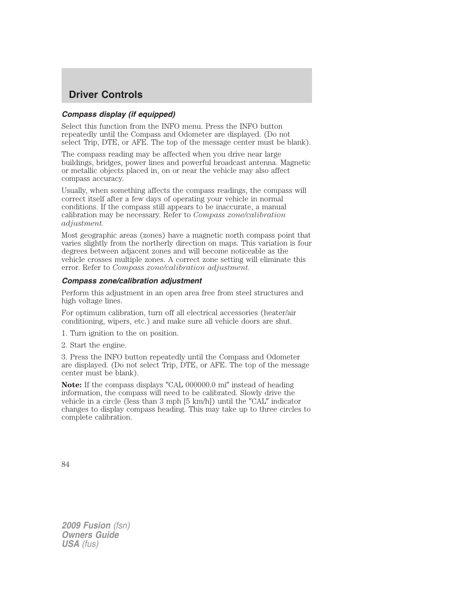 Compass display (if equipped), Compass zone/calibration adjustment, Driver controls | FORD 2009 Fusion v.1 User Manual | Page 84 / 312