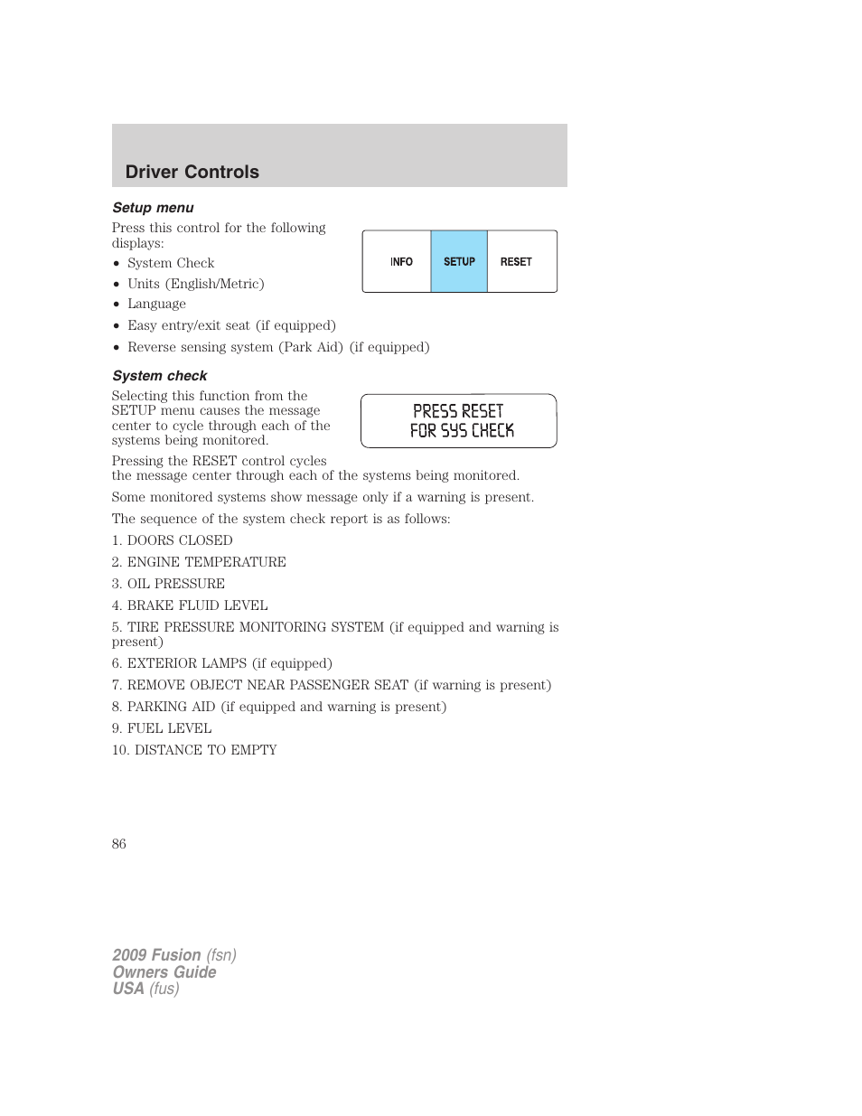 Setup menu, System check, Driver controls | FORD 2009 Fusion v.1 User Manual | Page 86 / 312