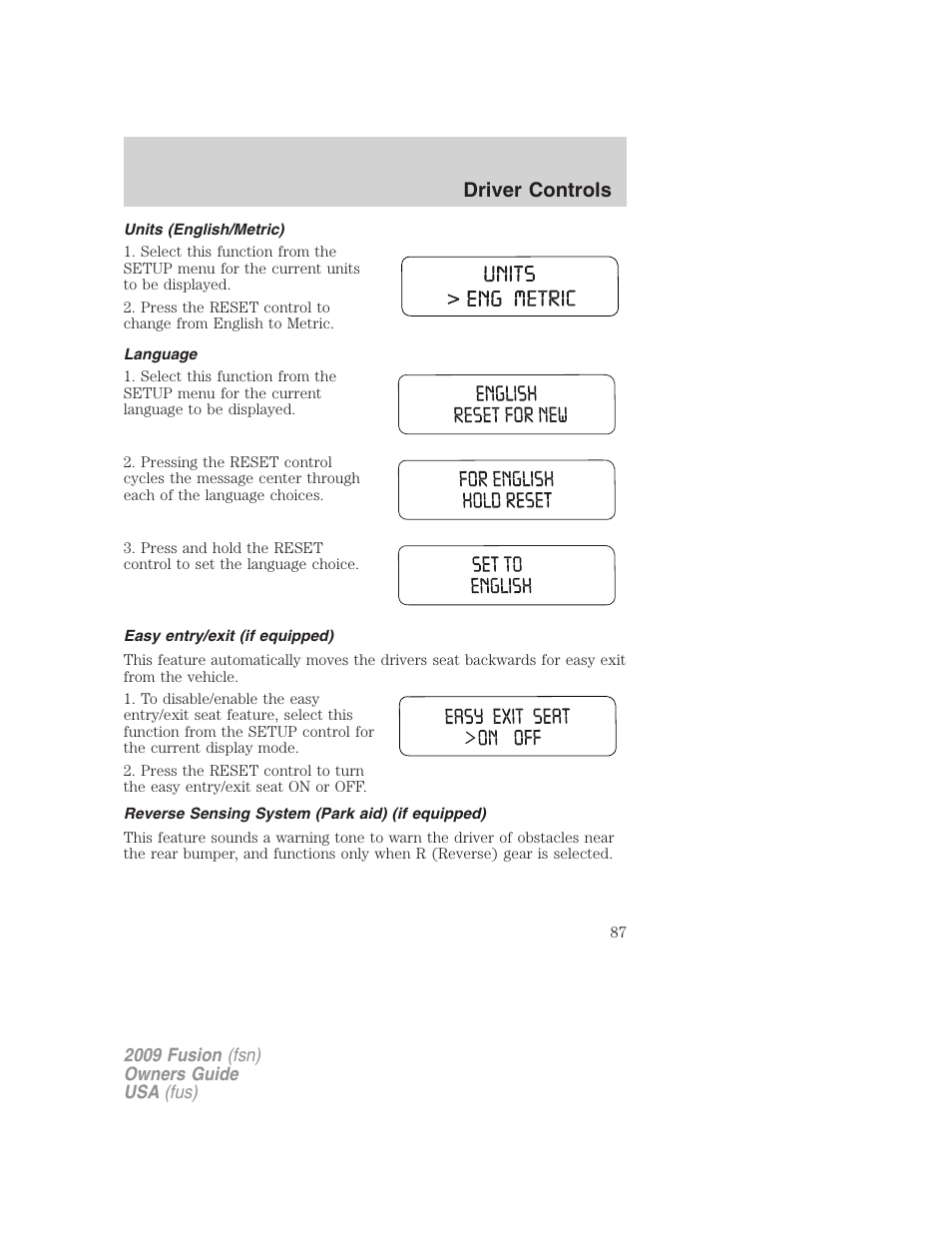 Units (english/metric), Language, Easy entry/exit (if equipped) | Reverse sensing system (park aid) (if equipped), Driver controls | FORD 2009 Fusion v.1 User Manual | Page 87 / 312