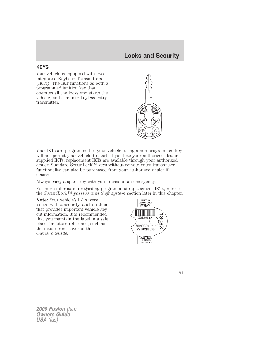 Locks and security, Keys | FORD 2009 Fusion v.1 User Manual | Page 91 / 312