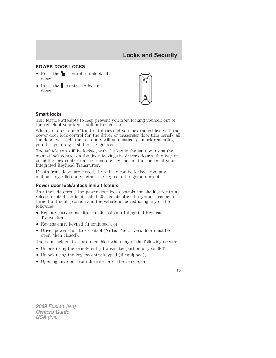 Power door locks, Smart locks, Power door lock/unlock inhibit feature | Locks, Locks and security | FORD 2009 Fusion v.1 User Manual | Page 93 / 312