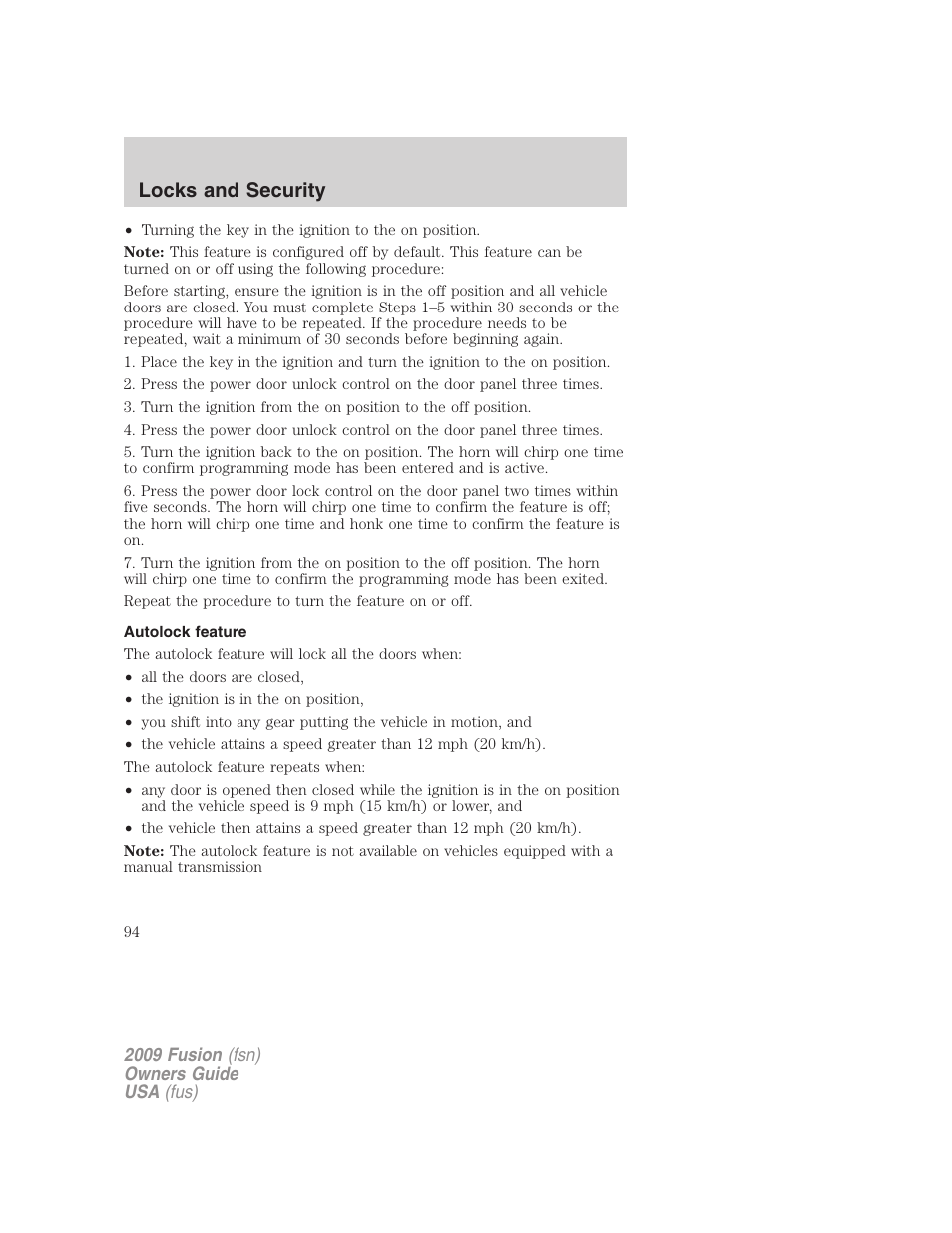 Autolock feature, Locks and security | FORD 2009 Fusion v.1 User Manual | Page 94 / 312