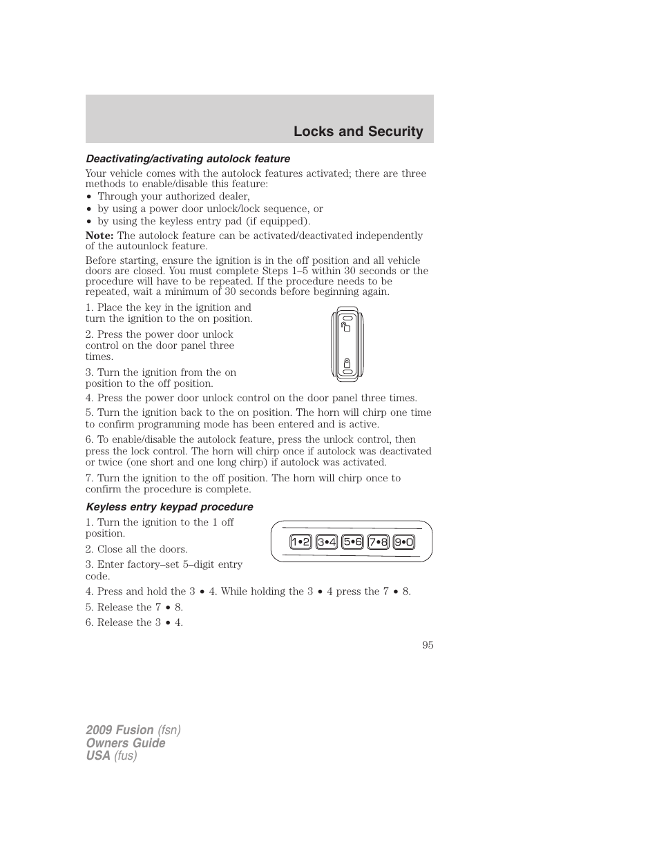 Deactivating/activating autolock feature, Keyless entry keypad procedure, Locks and security | FORD 2009 Fusion v.1 User Manual | Page 95 / 312