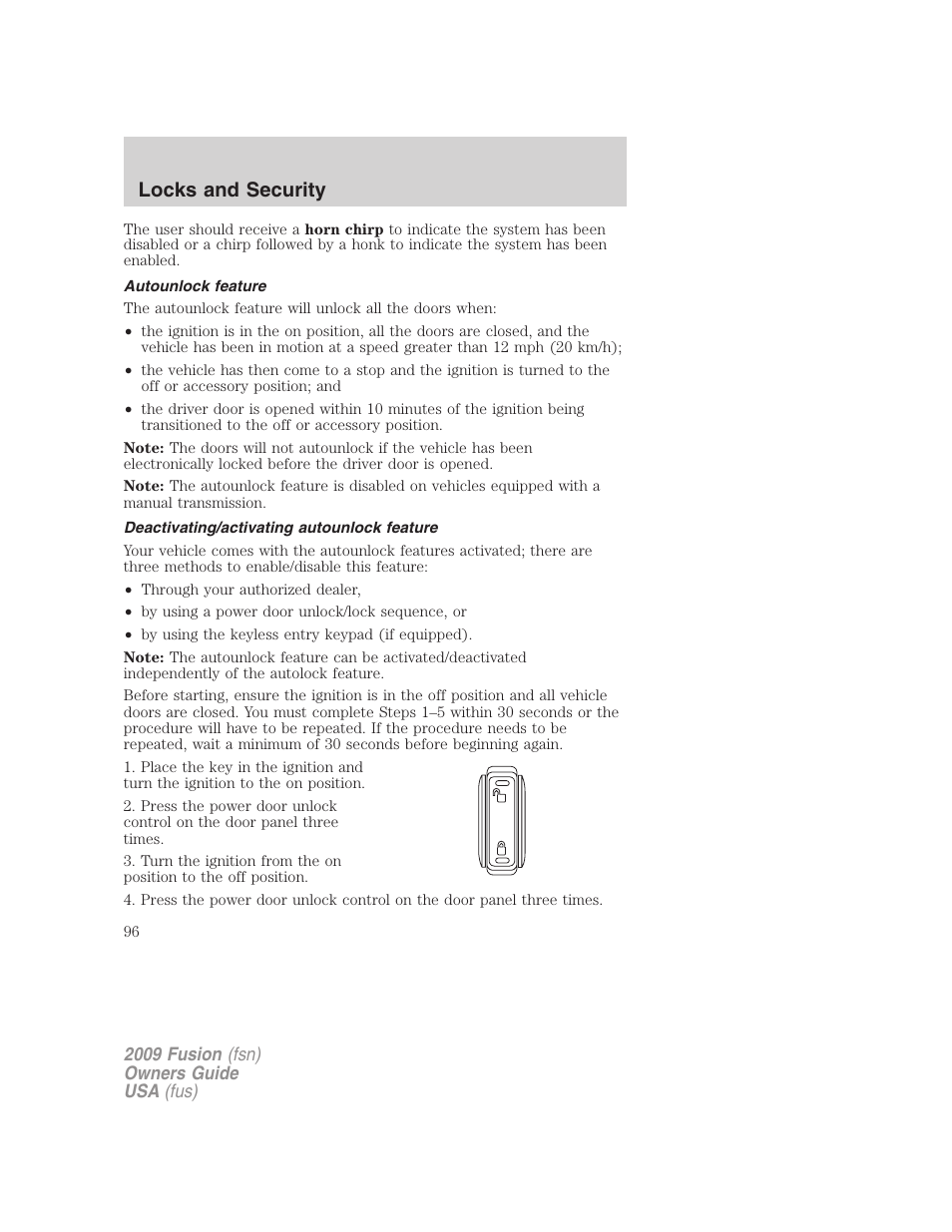 Autounlock feature, Deactivating/activating autounlock feature, Locks and security | FORD 2009 Fusion v.1 User Manual | Page 96 / 312