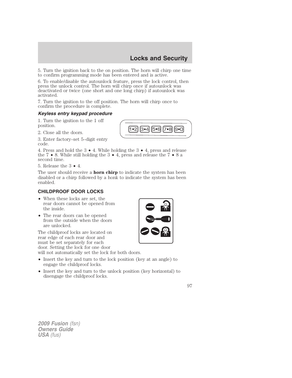 Keyless entry keypad procedure, Childproof door locks, Locks and security | FORD 2009 Fusion v.1 User Manual | Page 97 / 312