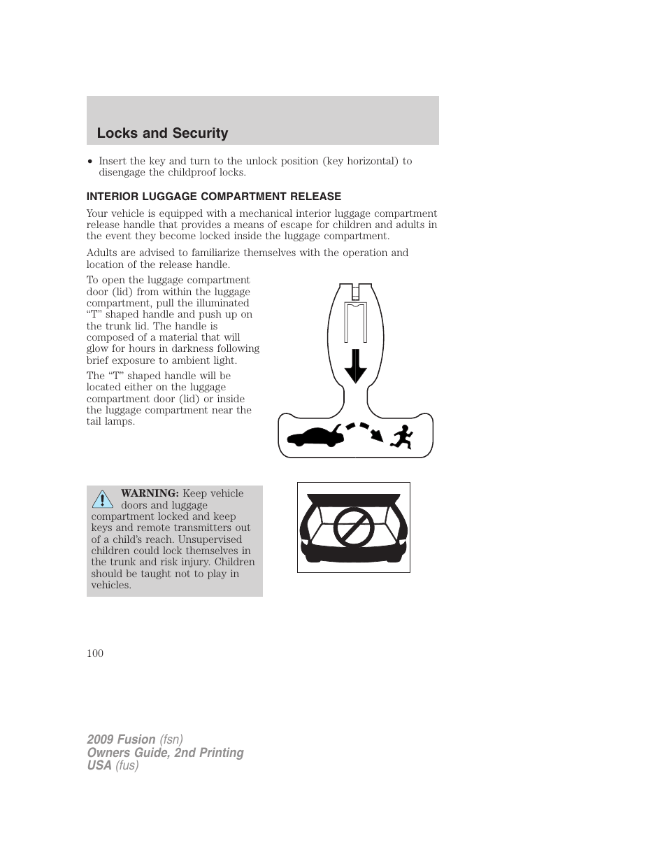 Interior luggage compartment release, Locks and security | FORD 2009 Fusion v.2 User Manual | Page 100 / 314