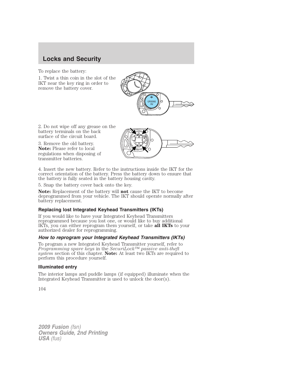 Illuminated entry, Locks and security | FORD 2009 Fusion v.2 User Manual | Page 104 / 314