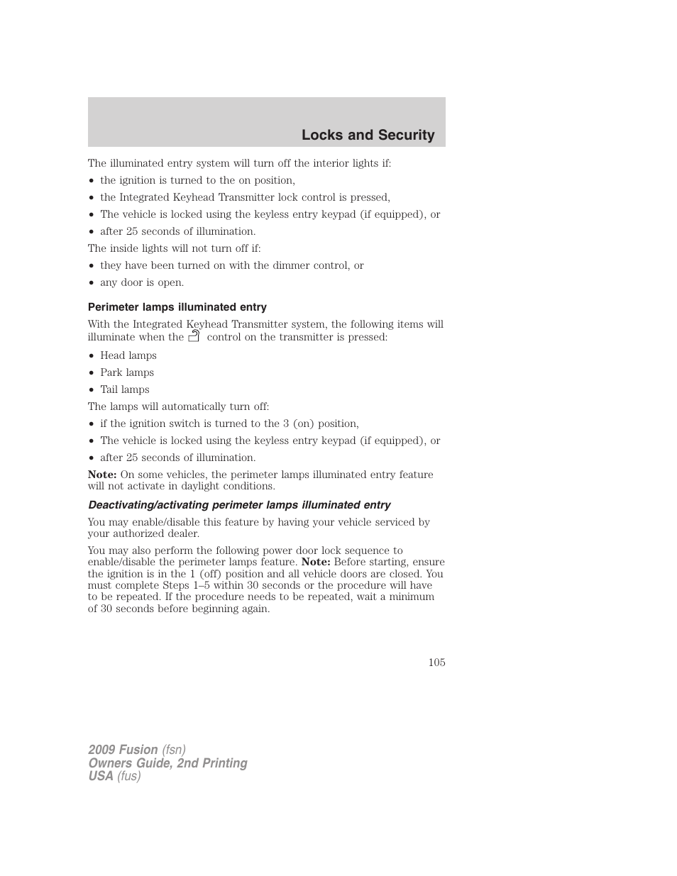 Perimeter lamps illuminated entry, Locks and security | FORD 2009 Fusion v.2 User Manual | Page 105 / 314