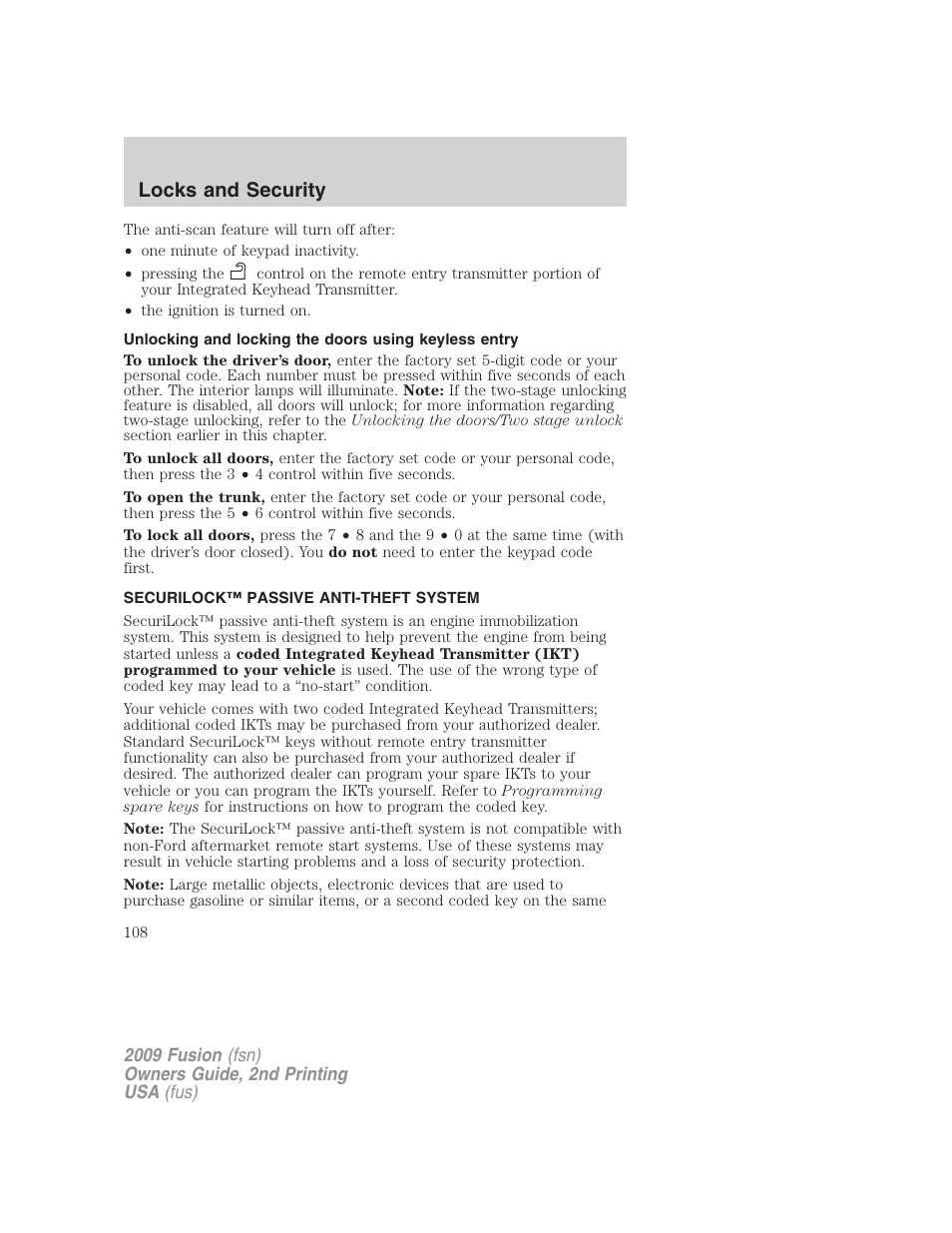 Securilock™ passive anti-theft system, Anti-theft system, Locks and security | FORD 2009 Fusion v.2 User Manual | Page 108 / 314