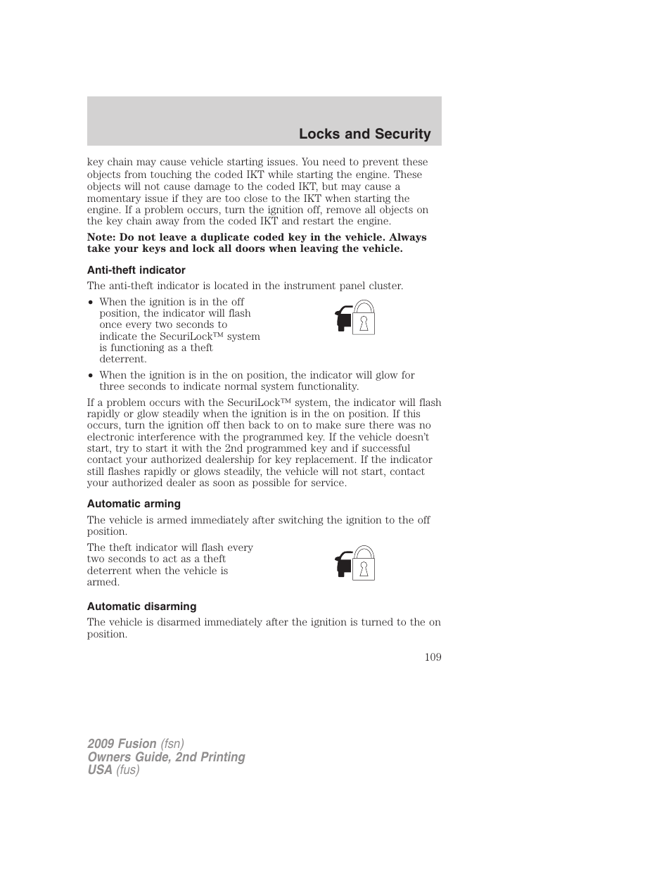 Anti-theft indicator, Automatic arming, Automatic disarming | Locks and security | FORD 2009 Fusion v.2 User Manual | Page 109 / 314