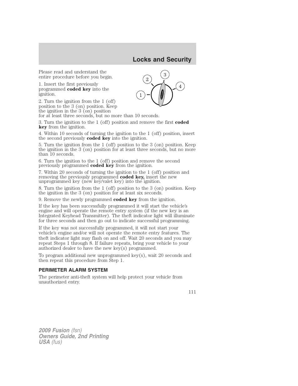 Perimeter alarm system, Locks and security | FORD 2009 Fusion v.2 User Manual | Page 111 / 314