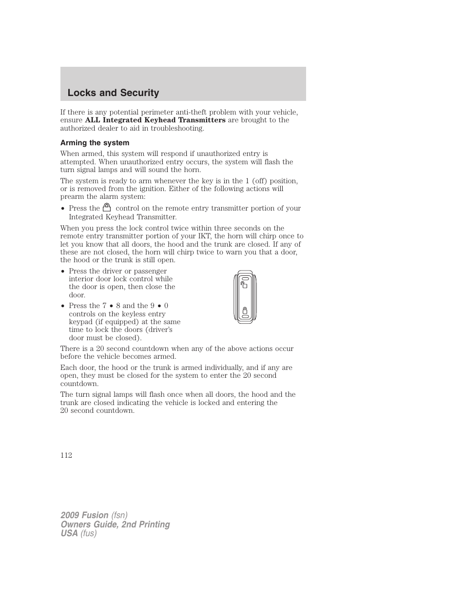 Arming the system, Locks and security | FORD 2009 Fusion v.2 User Manual | Page 112 / 314