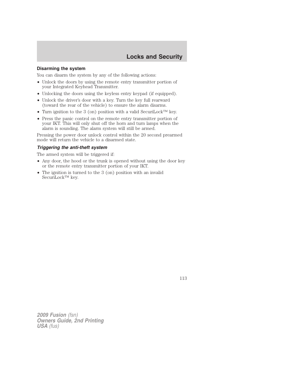 Disarming the system, Triggering the anti-theft system, Locks and security | FORD 2009 Fusion v.2 User Manual | Page 113 / 314