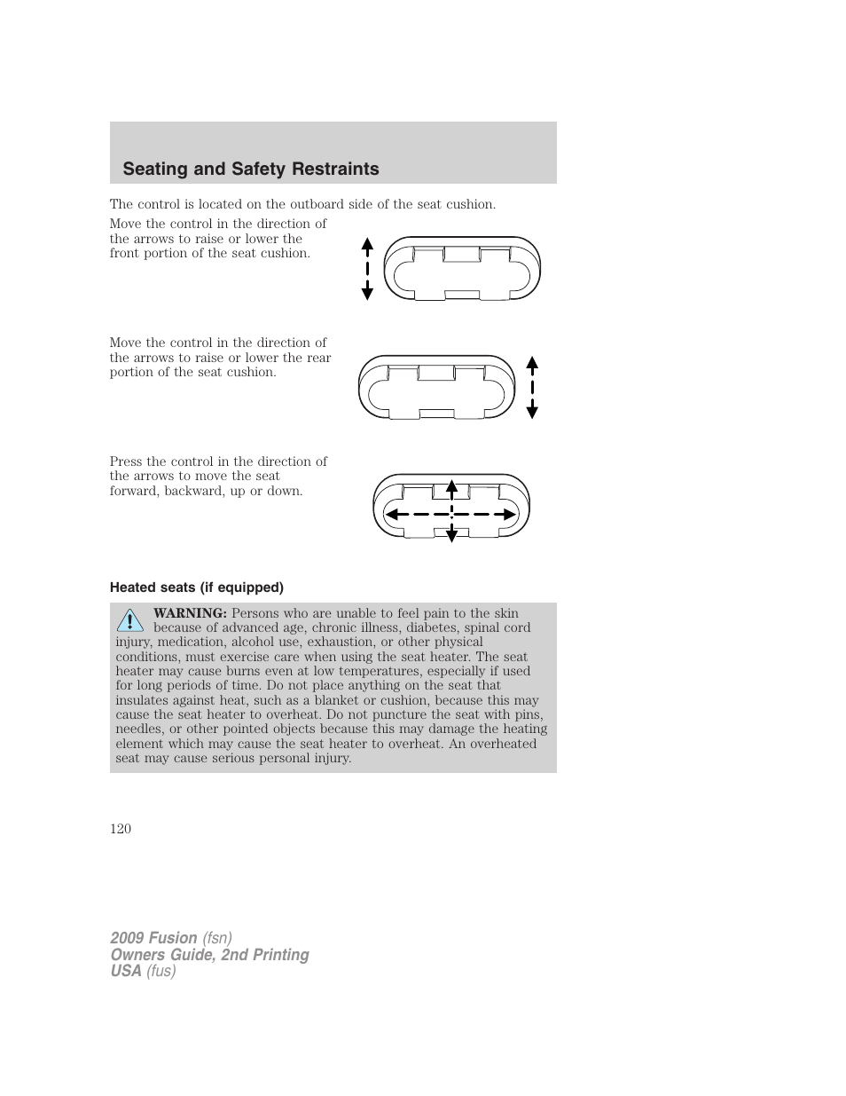 Heated seats (if equipped), Seating and safety restraints | FORD 2009 Fusion v.2 User Manual | Page 120 / 314