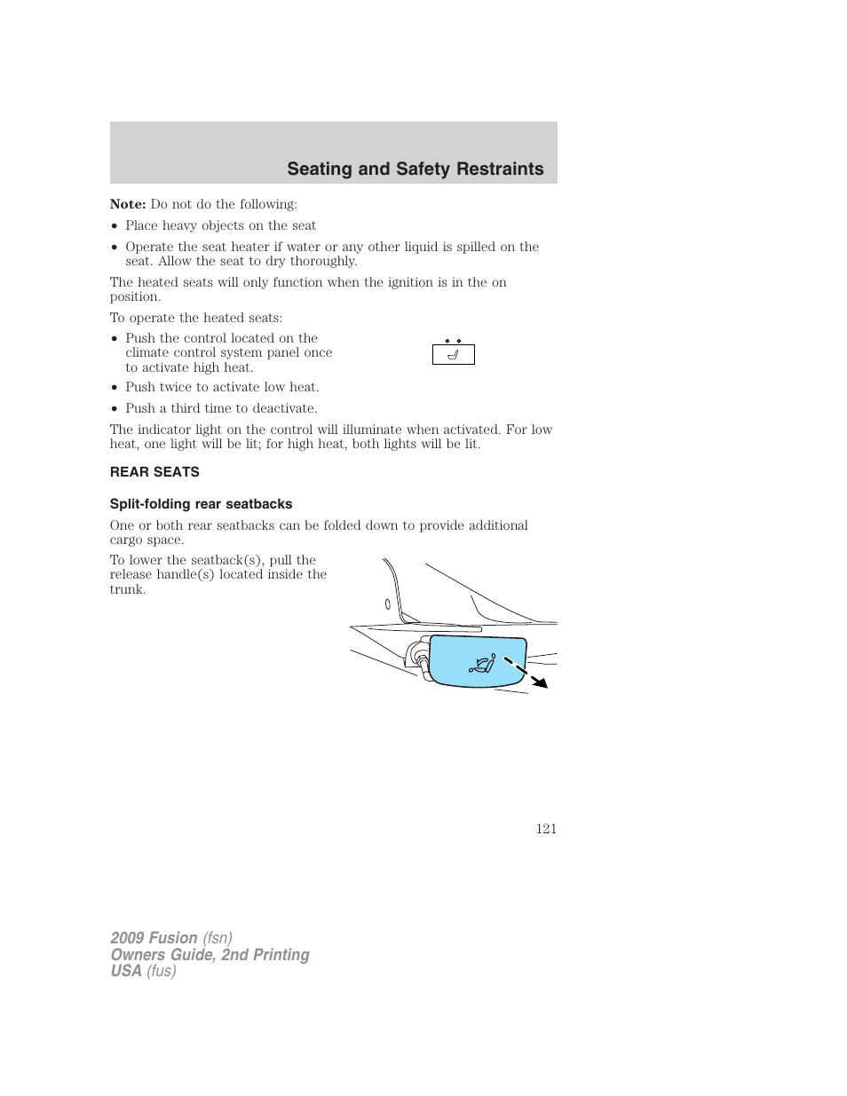 Rear seats, Split-folding rear seatbacks, Seating and safety restraints | FORD 2009 Fusion v.2 User Manual | Page 121 / 314