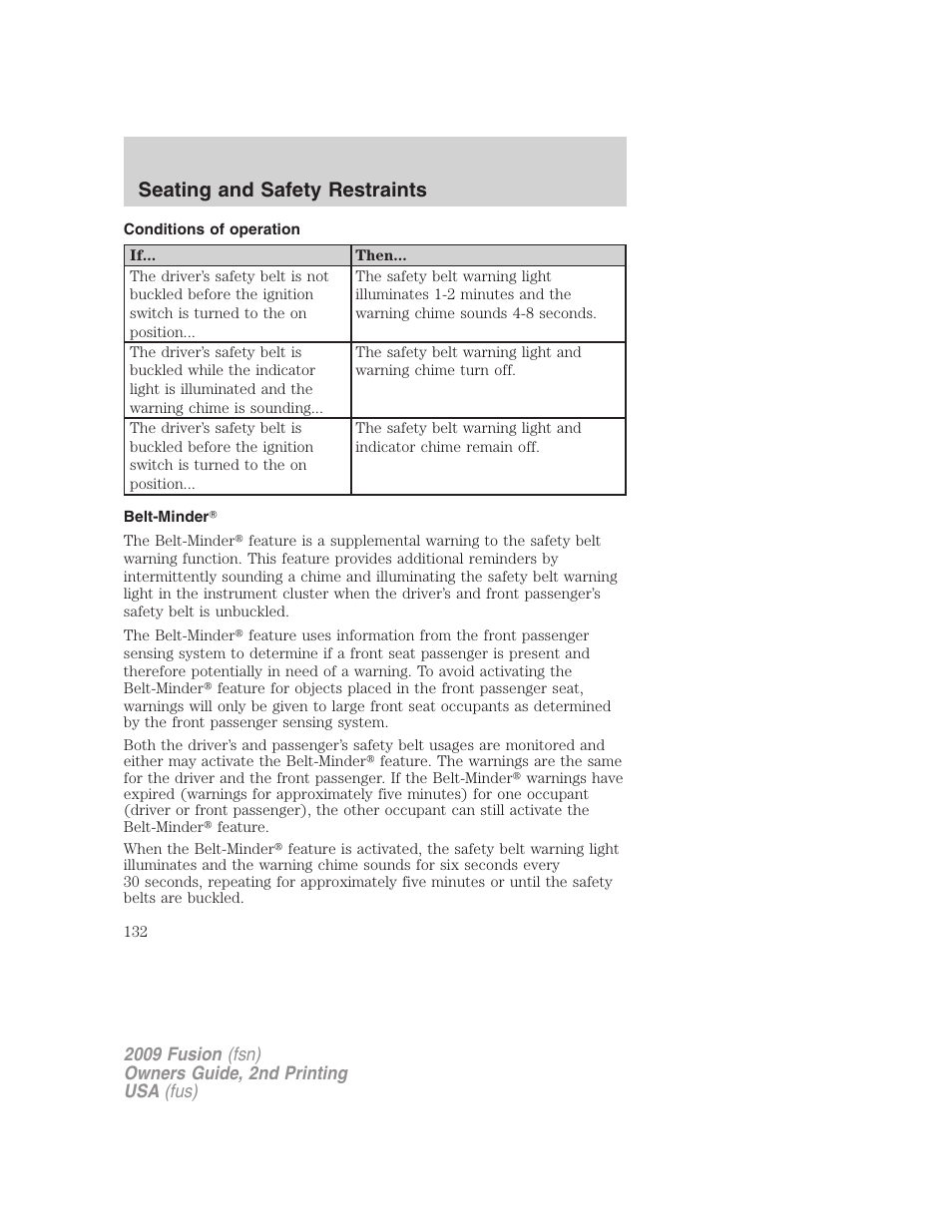 Conditions of operation, Belt-minder, Seating and safety restraints | FORD 2009 Fusion v.2 User Manual | Page 132 / 314