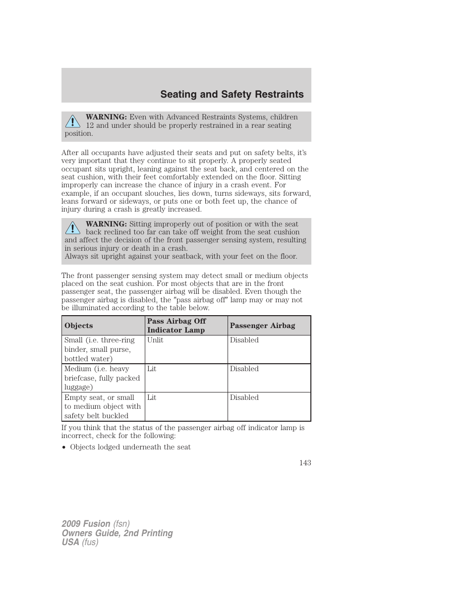 Seating and safety restraints | FORD 2009 Fusion v.2 User Manual | Page 143 / 314