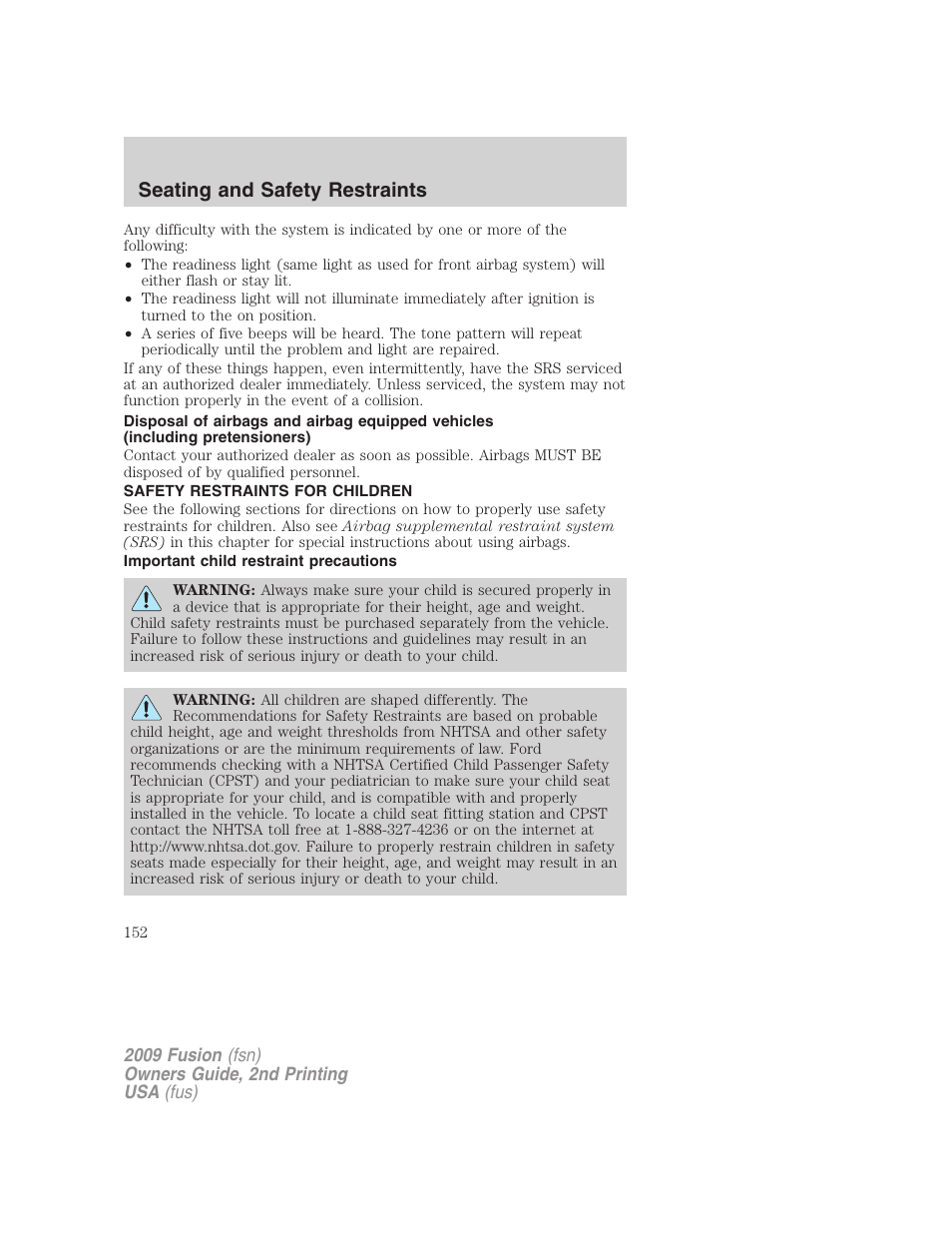 Safety restraints for children, Important child restraint precautions, Child restraints | Seating and safety restraints | FORD 2009 Fusion v.2 User Manual | Page 152 / 314