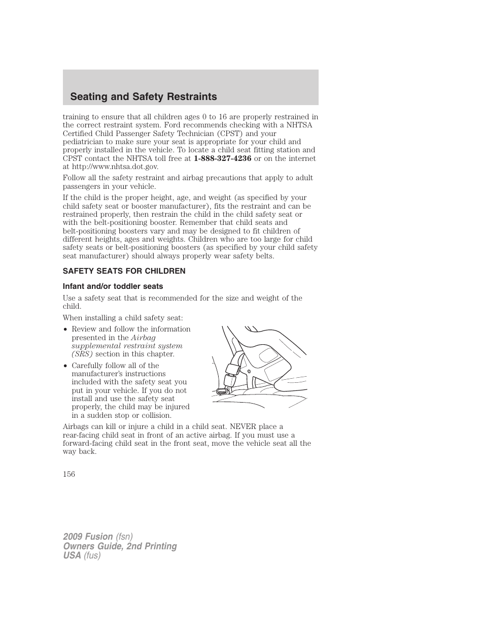 Safety seats for children, Infant and/or toddler seats, Seating and safety restraints | FORD 2009 Fusion v.2 User Manual | Page 156 / 314