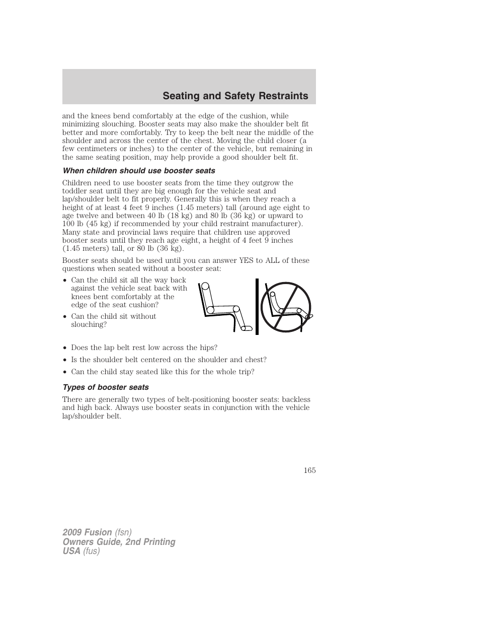 When children should use booster seats, Types of booster seats, Seating and safety restraints | FORD 2009 Fusion v.2 User Manual | Page 165 / 314