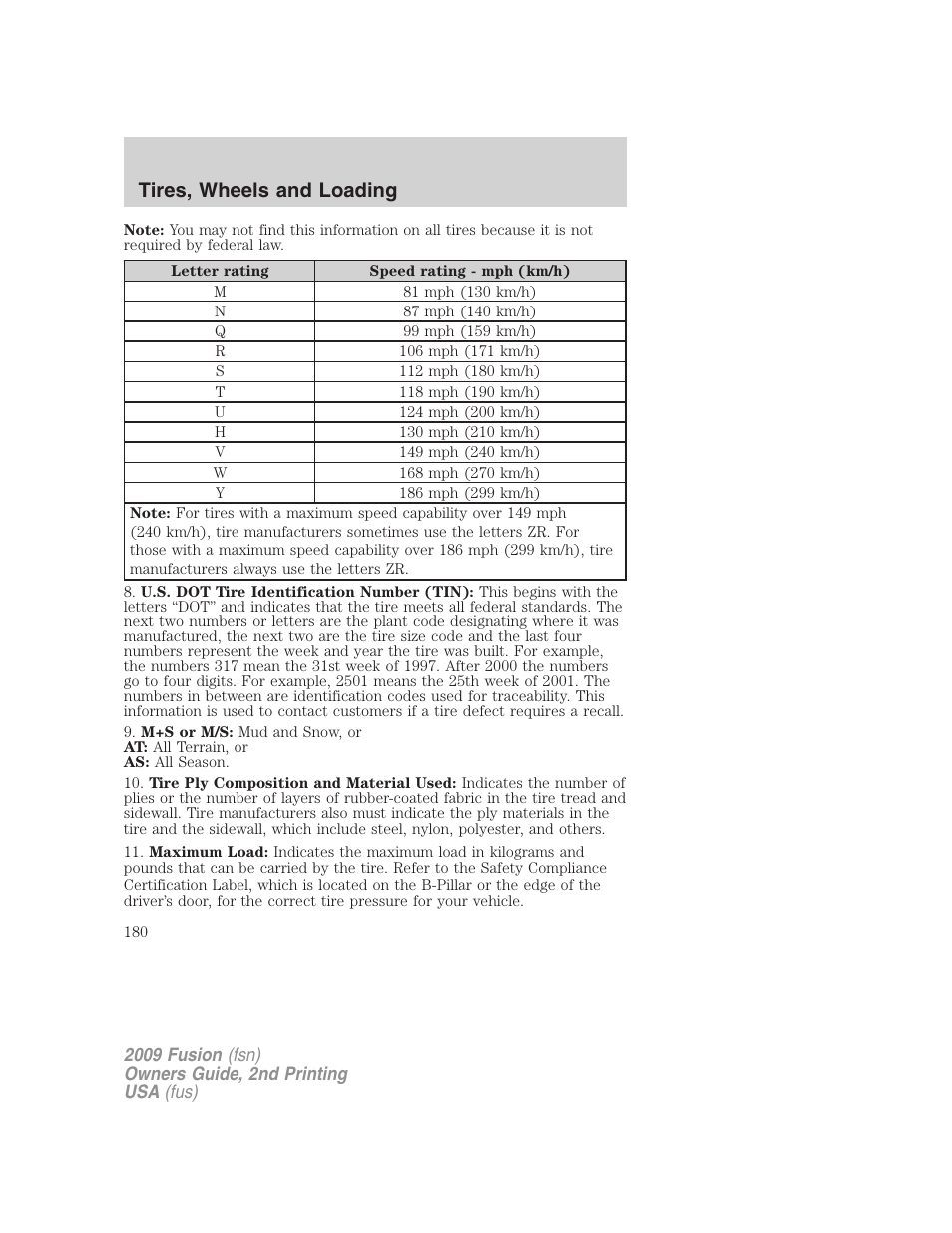 Tires, wheels and loading | FORD 2009 Fusion v.2 User Manual | Page 180 / 314