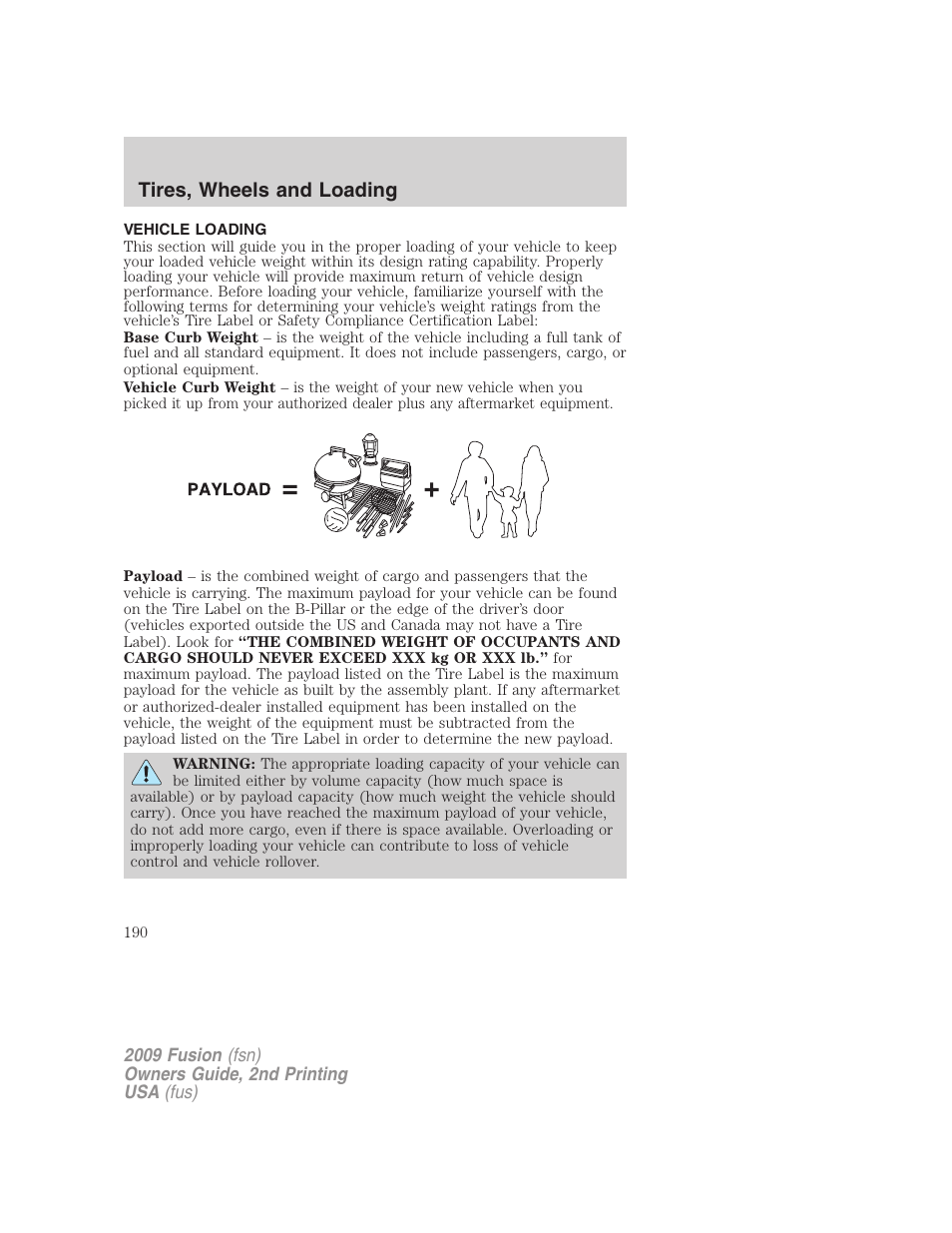 Vehicle loading, Tires, wheels and loading | FORD 2009 Fusion v.2 User Manual | Page 190 / 314