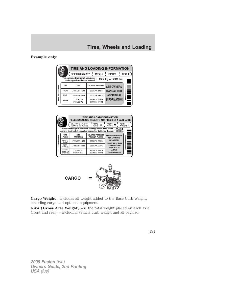 Tires, wheels and loading | FORD 2009 Fusion v.2 User Manual | Page 191 / 314