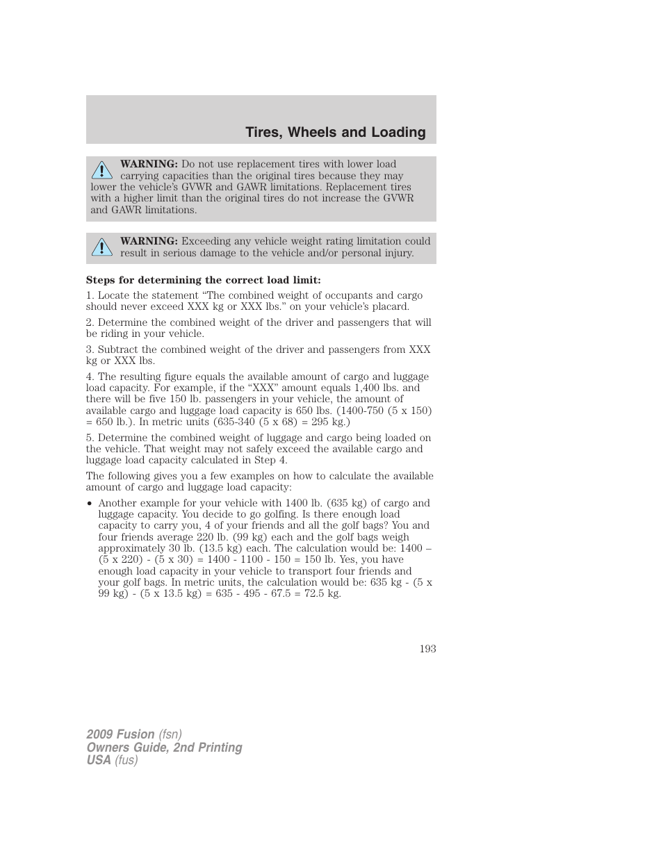 Tires, wheels and loading | FORD 2009 Fusion v.2 User Manual | Page 193 / 314