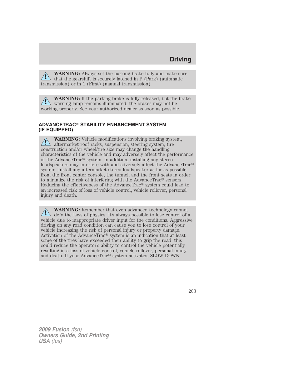 Advancetrac, Driving | FORD 2009 Fusion v.2 User Manual | Page 203 / 314