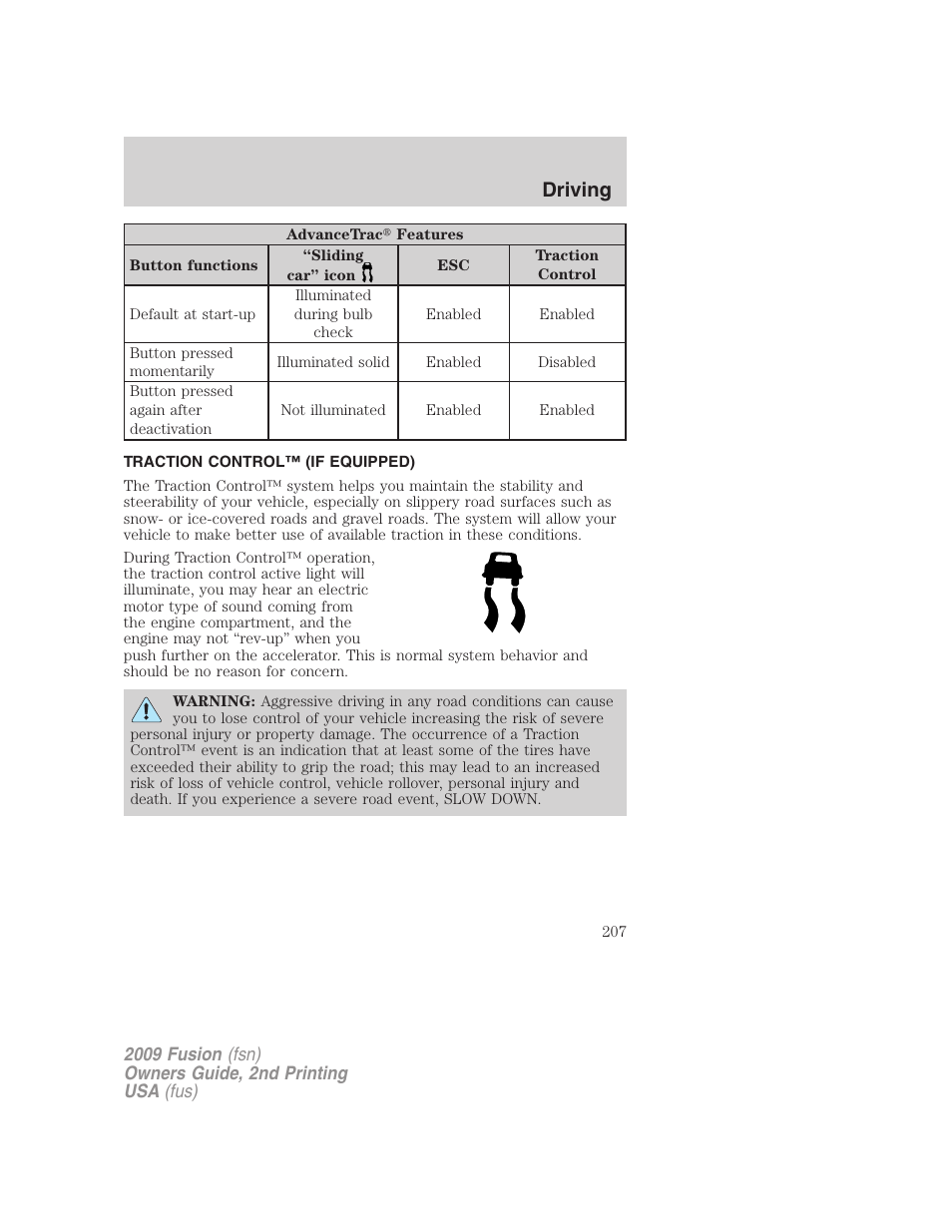 Traction control™ (if equipped), Traction control, Driving | FORD 2009 Fusion v.2 User Manual | Page 207 / 314